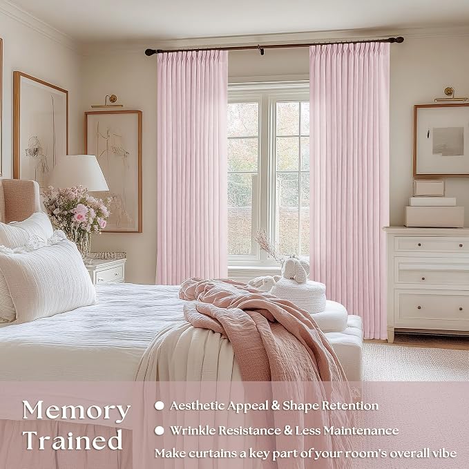 TWODRAPES Pinch Pleat Light Pink Semi Sheer Curtains 108 Inches Long for Girls Bedroom Living Room Light Filtering Pleated Linen 108 Inch Curtains Drape Window 2 Panels Set Pink Blush Babys Nursery