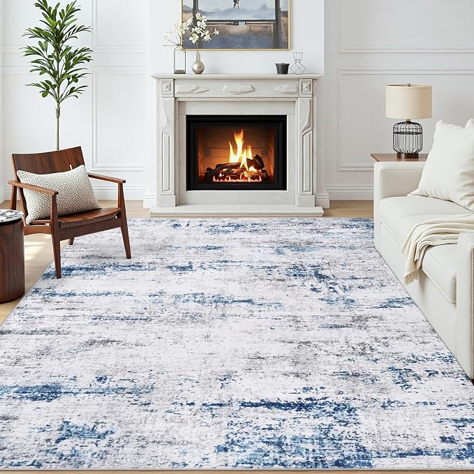 Area Rugs 6x9 Living Room: Large Modern Abstract Washable Rug Soft Anti-Skid Non-Shedding Carpet Indoor Floor Thin Carpets for Bedroom Dining Room Farmhouse Nursery Home Office White Blue Grey