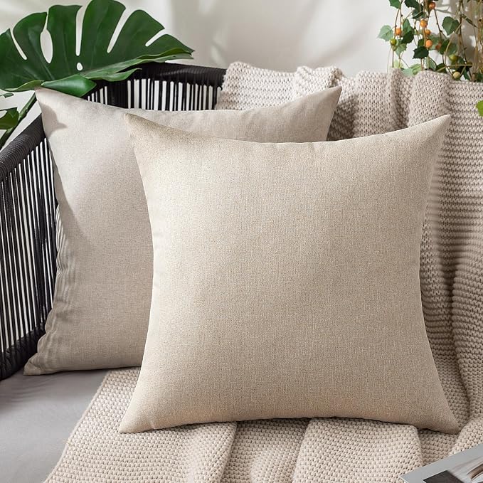 MIULEE Pack of 2 Decorative Outdoor Solid Waterproof Throw Pillow Covers Faux Linen Garden Farmhouse Cushion Cases for Patio Tent Balcony Couch Sofa 16x16 Inch Beige