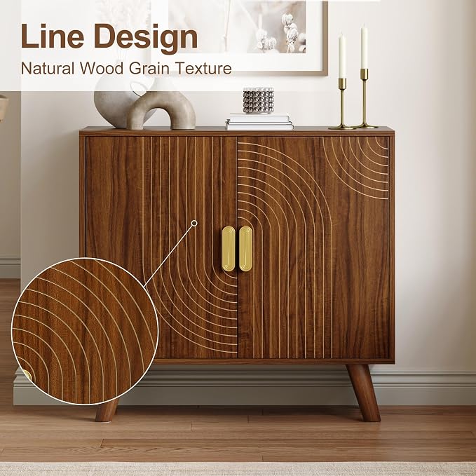 Sideboard Buffet Cabinet with Storage, Line-Grooved Storage Cabinet, Walnut | Accent Cabinet with Doors and Adjustable Shelf for Kitchen Dining Living Room Hallway‌ Entryway