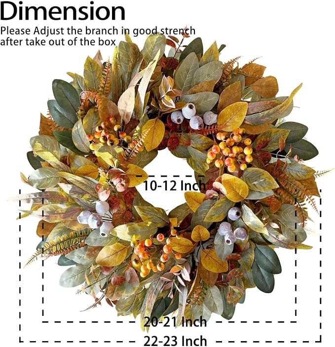 WANNA-CUL 22 Inch Eucalyptus Fall Front Door Wreath Harvest Farmhouse Decor | Year Round Vintage Artificial Greenery Autumn Wreath with Mixed Berries Indoor Outdoor Table Centerpiece Thanksgiving Decor