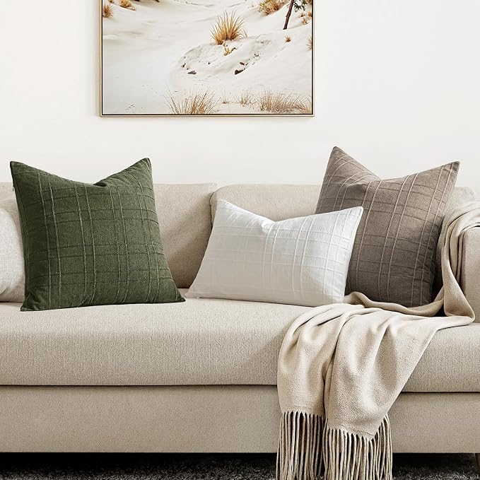 MIULEE Decorative Linen Check Euro Shams Throw Pillow Covers Neutral Farmhouse Vintage Spring Pillow Covers 28x28 Set of 2 Boho Modern Home Decor for Sofa Couch Bedroom Cushion Dark Olive Green