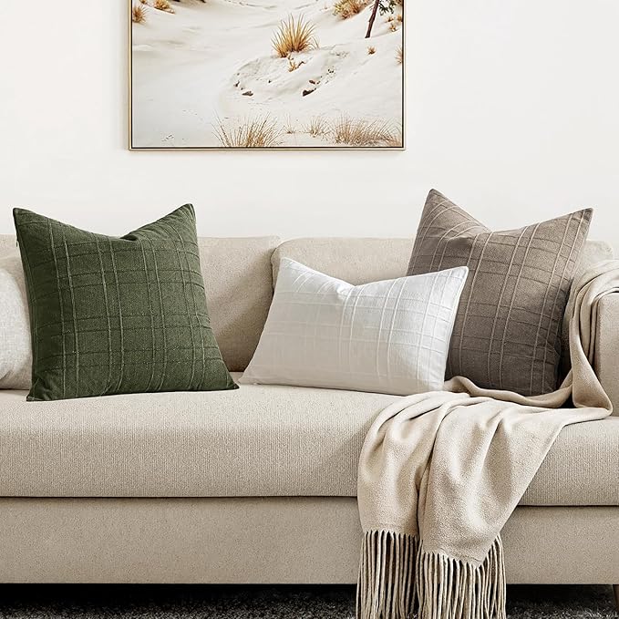 MIULEE Decorative Linen Check Throw Pillow Covers Neutral Farmhouse Vintage Spring Pillow Covers 18x18 Set of 2 Boho Modern Home Decor for Sofa Couch Bedroom Cushion Dark Olive Green