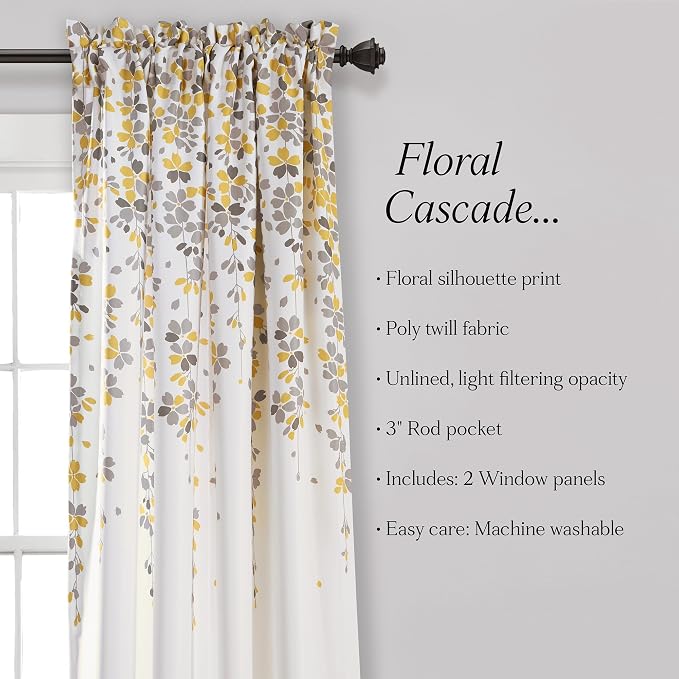 Lush Decor Weeping Flower Light Filtering Window Curtain Panels, Pair, 52"W x 63"L + 2" Header, Yellow & Gray - Charming Modern Floral Curtains for Living Room, Dining Room, & Bedroom
