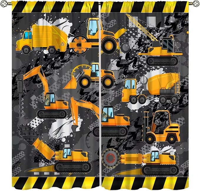 Cartoon Car Blackout Curtain,Boy Kids Construction Yellow Tractor Excavator Window Curtains Cloth Farbic Kitchen Bedroom Cafe Dining Room Office Living Room Drapes, 42x45 in