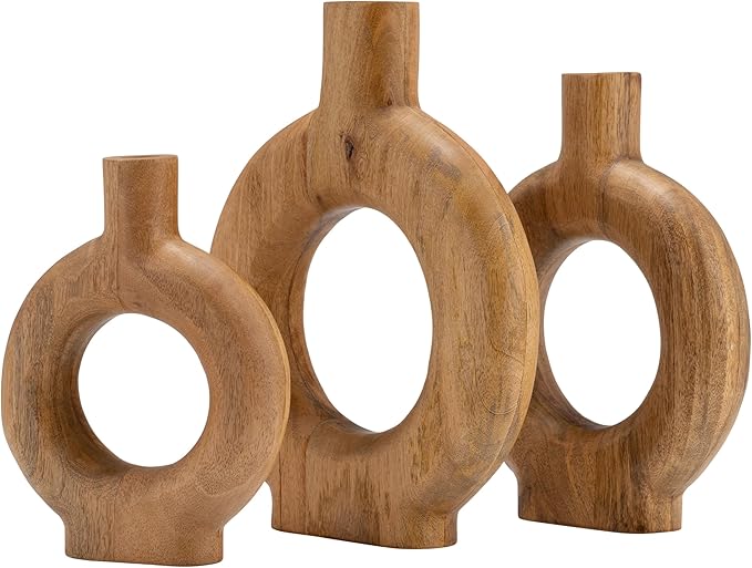 Mango Wood Vase, Modern Donut Vase Design – Accent for Sculptural Display, Decorative Modern Flower Vase – Flower Holder for Stems or Greenery, Living Room or Office Shelf, Home Decor – 14", Brown