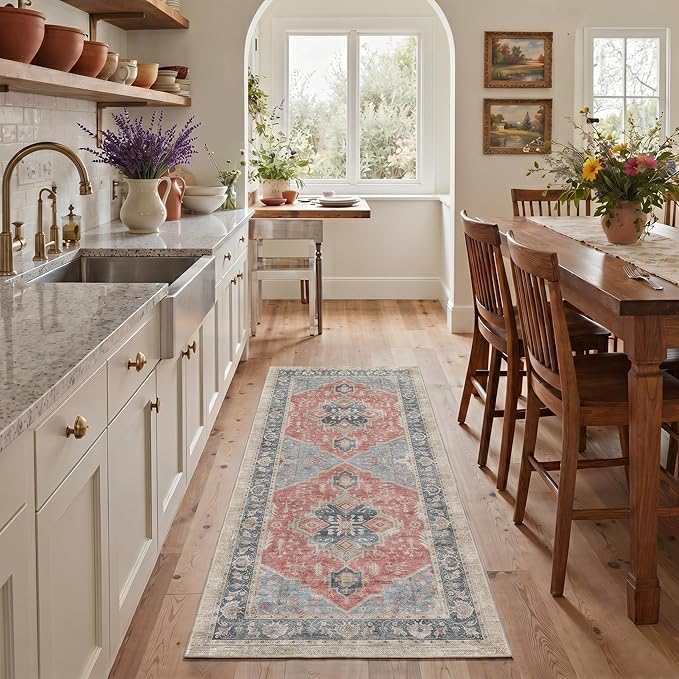GENIMO 2x3 Rug Machine Washable Low Pile Indoor Entryway Mat for Kitchen Entrance Front Door Bathroom with Non Slip Backing Floral Medallion Dusty Red