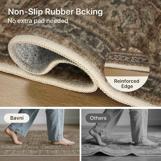 Bavni Washable Rugs 8x10-Machine Washable Rug Lightweight Low Pile, Vintage Floral Rug Non-Shedding Distressed Throw Carpet for Living Room Bedroom Office, Brown