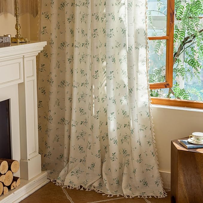 OYX Boho Floral Spring Semi Sheer Curtains 63 Inch Length 2 Panels, Linen Texture Farmhouse Light Filtering Curtains Beige Tassel for Bedroom Living Room Vintage Rustic Patterned Printed Rod Pocket