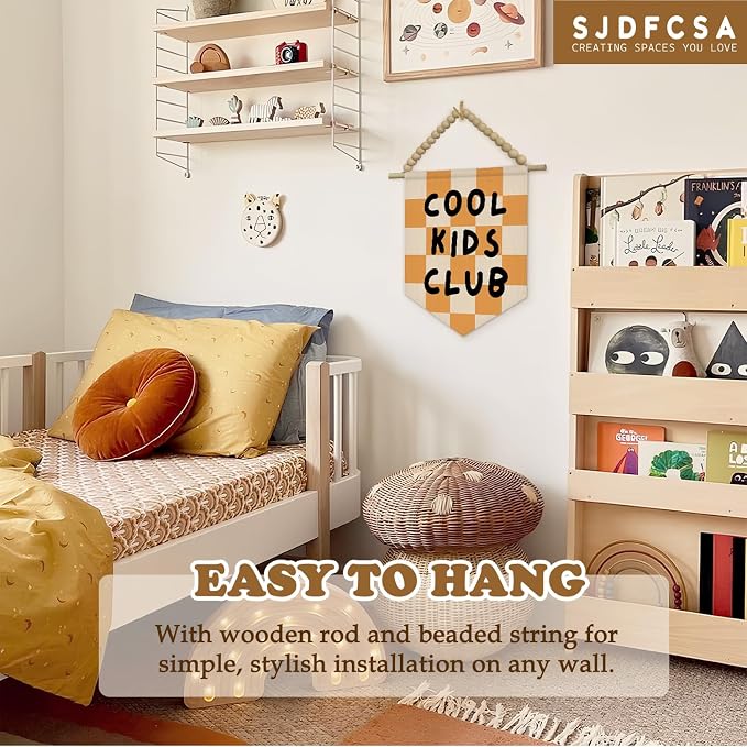 SJDFCSA Kids Playroom Wall Art Decor, Kids Room Decor, Cool Kid Club Trendy Orange Checkered Boho Wall Hanging Display Pennant Flag for Boys Girls Nursery Toddler Room Bedroom Playroom