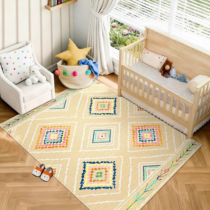 BESTSWEETIE Area Rug 6x9 Rug Machine Washable Non-Slip Low Pile Print Pattern Western Rug for Living Room Bedroom Entryway Tribal Series -Cream/Beige