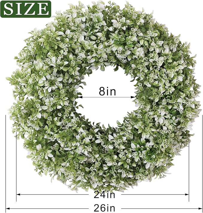 26" Large Artificial Boxwood Wreath for Front Door (White-Green) | Waterproof Fade Resistant,Premium Durable,Faux Aglaia Odorata Wreath,for Wall Window Farmhouse Outdoor All Seasons Decor