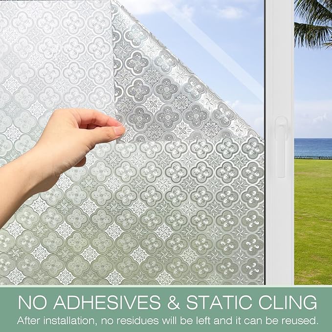 STATINT Frosted Glassy Petals 3D Begonia Window Privacy Film Decorative Non Adhesive Static Electricity Sun Blocking Flowering for Bathroom and Home，17.5 Inch X 6.5 Feet