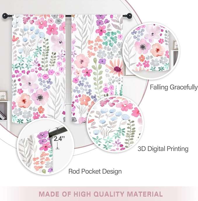 Riyidecor Purple Floral Colorful Curtains Cute Watercolor Flowers Leaves Plants Leaves Girly Botanical Modern Rod Pocket Preppy Funny Bedroom Living Room Treatment Fabric 2 Panels 42Wx63H Inch