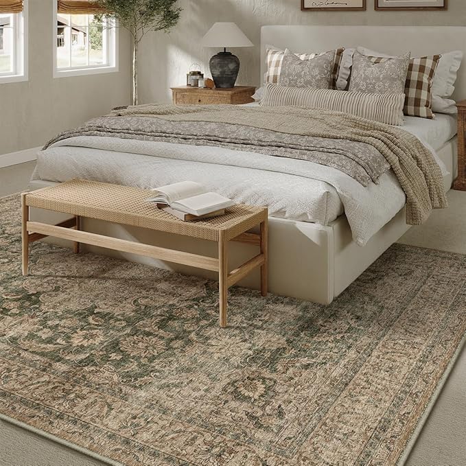 6x9 Washable Area Rug Green Brown Vintage Non Slip Soft Low Pile Rug for Living Room Bedroom Dining Room Office Distressed Oriental Indoor Throw Carpet for Home Decor
