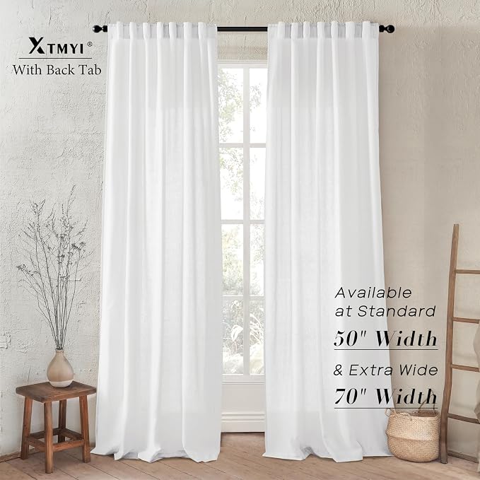 XTMYI White Curtains 96 Inches Long for Living Room Pleated with Heading Tape Hooks Solid Linen Light Filtering Semi Sheer Lightweight Curtains for Bedroom 96 Length 8FT Single One Pair Set