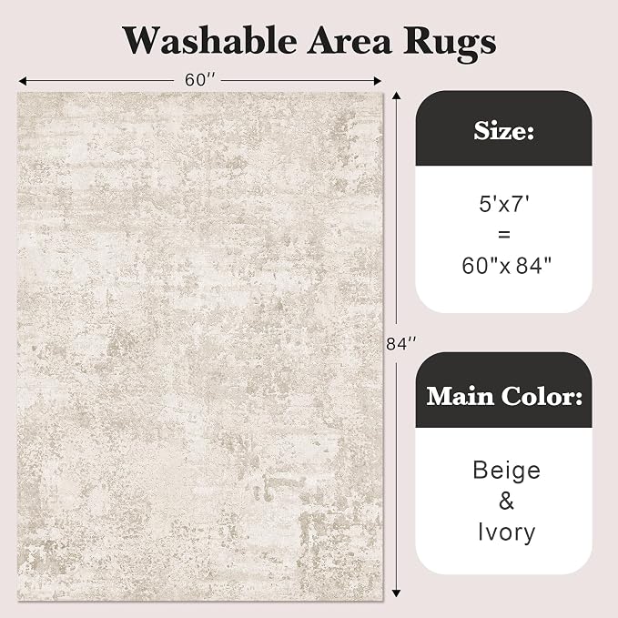 Art&Tuft Washable Rugs 5x7, Anti-Slip Backing Abstract 5x7 Area Rug, Stain Resistant Rugs for Living Room, Foldable Machine Washable Area Rug (5'x7', Beige)
