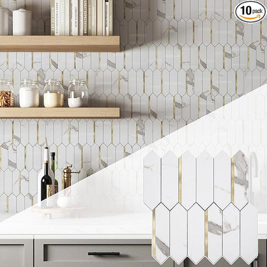 KASARO Peel and Stick Backsplash Long Hexagon Wall Tile, 10-Pieces PVC Self Adhesive Mosaic Tiles, Marble White with Vintage Gold Stripes Decorative for Kitchen, Bathroom and Fireplace