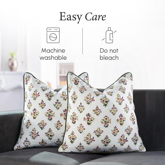 CPC 100% Cotton Throw Pillow Covers 24x24 Inch, Set of 2 Green Block Print Pattern Couch Pillow, Cute Boho Decorative Pillows for Living Room, Bedroom with Hidden Zipper- Fall Green
