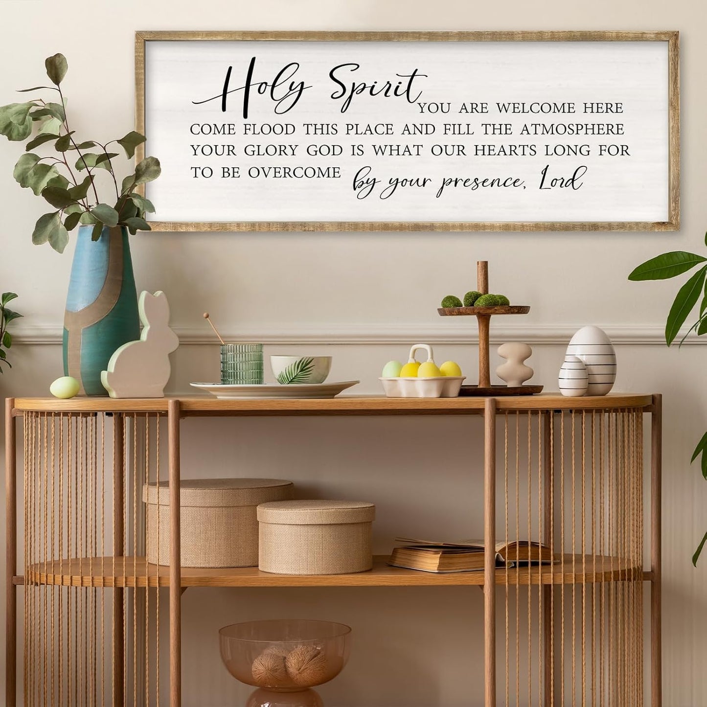 Holy Spirit You are Welcome Here Wall Decor Art 32x12 Inch Large Christian Song Bible Verse Plaque Wood Framed Sign Living Room Scripture Quote Religious For Office Wall Hanging (Wood)