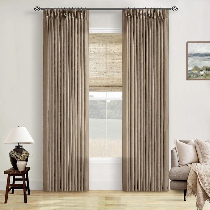 TWODRAPES Tan Brown Linen Curtains 86 Inches Long for Living Room Pinch Pleated Drape with Hooks Rings for Track System Light Filtering 86 Inch Curtain for Bedroom Sliding Patio Door 2 Panels Latte
