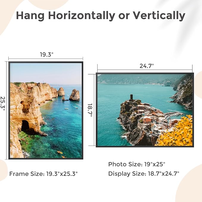 FLYJOE 19x25 Metal Picture Frame - Black Aluminum Picture Frames with Real Glass, Wall Mounting Horizontally or Vertically, Diploma, Certificates and Decor for Wall Gallery 25x19 Frame, Black