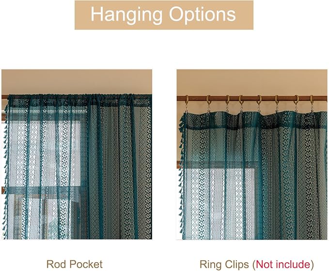 Sutuo Home Boho Lace Teal Curtains 96 inches Long for Living Room Bedroom, Semi Sheer Curtains Turquoise Farmhouse Privacy Crochet Vintage Tassels Window Decor Rod Pocket Decor, 2 Panels 50" W
