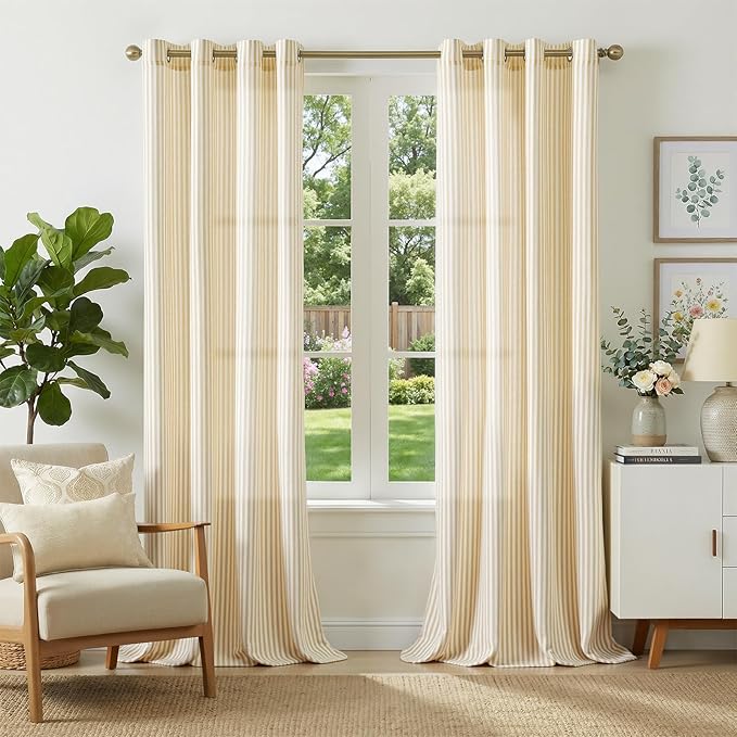 jinchan Linen Curtains 96 inch Yellow Stripe on White Grommet 2 Panels | Curtains for Living Room Bedroom,Ticking Vertical Stripe Pattern,Modern Farmhouse Drapes, Window Treatment,Light Filtering
