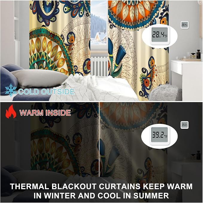 Boho Blackout Curtains for Bedroom and Living Room, Spring Thermal Insulated Darkening Drapes, Mandala Pattern Grommet Soundproof Black Out Curtains 84 Inches Long 2 Panels Set with Curtain Tiebacks