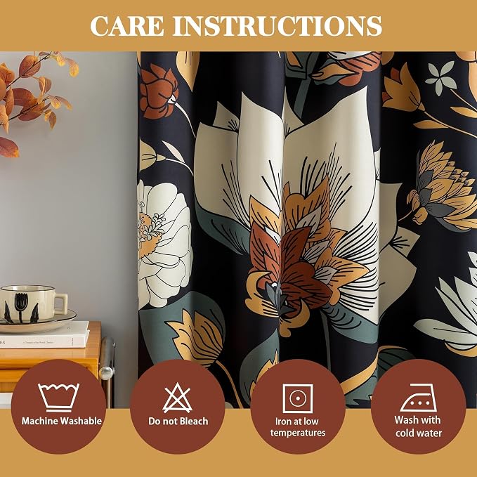 Tyrot Black Boho Floral 100% Blackout Curtains for Bedroom 72 inch Long 2 Panels Mid Century Botanical Black Out Curtains for Living Room Grommet Thermal Insulated Room Darkening Window Drapes,42Wx72L