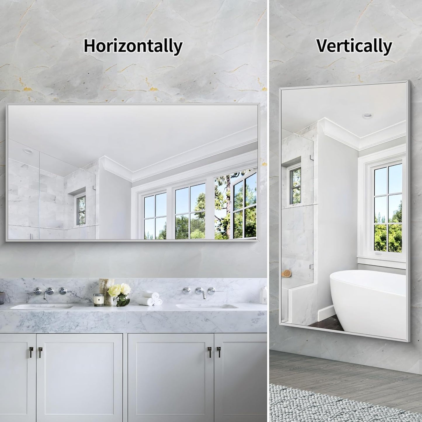 30x55In Silver Bathroom Mirror for Wall, Brushed Nickel Rectangle Mirrors with Metal Frame, Bathroom Rectangular Mirror Modern Wall Mirror for Bedroom Living Room, Hangs Horizontal or Vertical