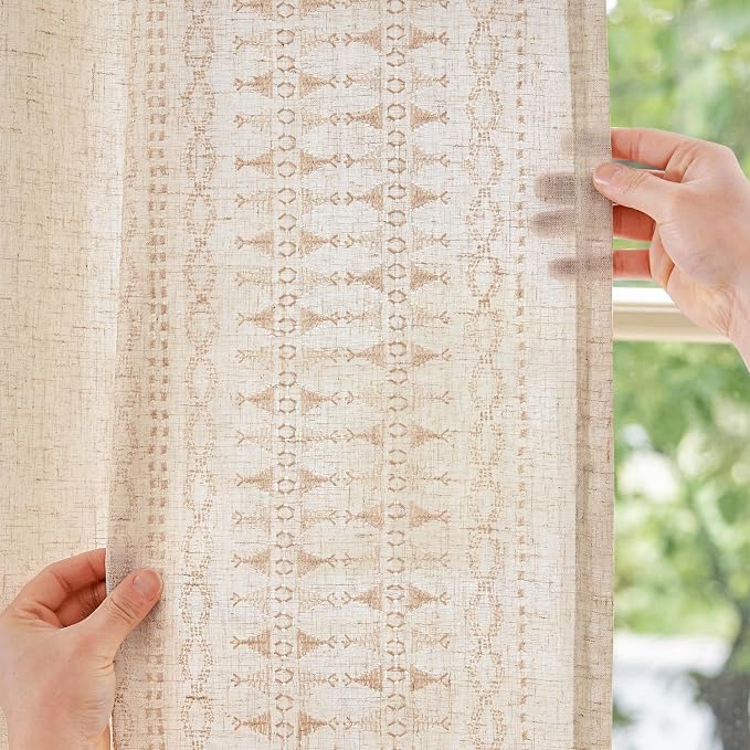 jinchan Boho Curtains for Bedroom Linen Blend Embroidered Bordered Farmhouse Curtains Living Room Drapes 63 Inch Length Bohemian Light Filtering Grommet Window Drapes 2 Panels Ivory on Beige
