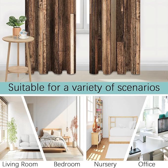 iTapnoom Rustic Wooden Brown Blackout Curtains, Retro Farmhouse Wood Board Door Living Room Bedroom Decor Thermal Curtain Darkening Grommet Window Drapes Treatments, 2 Panels 52x84 Inch