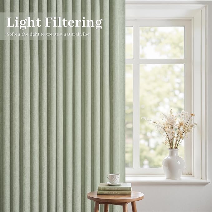 Pinch Pleated Curtains 90 Inches Long 2 Panels Set,Sage Green Semi Sheer Cotton Blend Fabric Aesthetic Advanced Curtain Drapes for Living Room Bedroom,40x90 inch Length