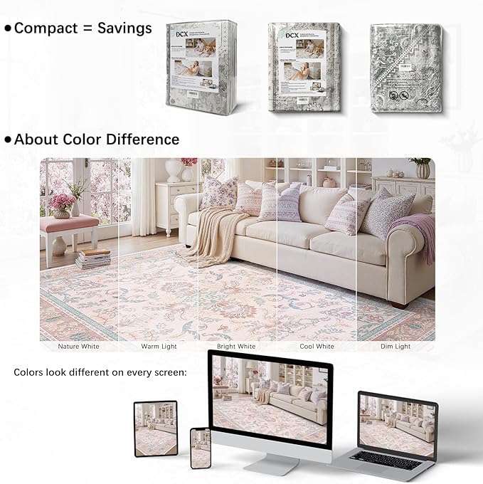 DCX 9x12 Pink Vintage Floral Rug, Machine Washable Non Slip Low Pile Carpet for Girl’s Bedroom, Nursery, Dorm, Kid & Pet Friendly Soft Stain Resistant Rug