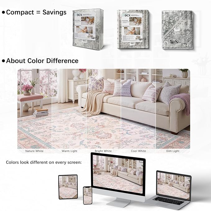DCX 5x7 Pink Vintage Floral Rug, Machine Washable Non Slip Low Pile Carpet for Girl’s Bedroom, Nursery, Dorm, Kid & Pet Friendly Soft Stain Resistant Rug