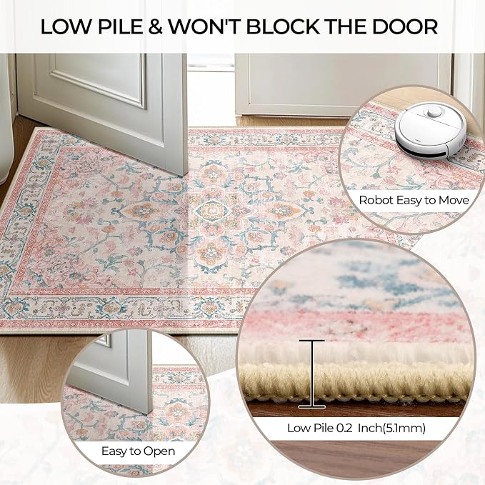 CAPALOCA Machine Washable Rugs Nursery Rug Sq5ft Cute Girl Non Slip Low Pile Water Repellent Soft Print Pattern for Bedroom Indoor Decor Kids Playroom Pink Teal
