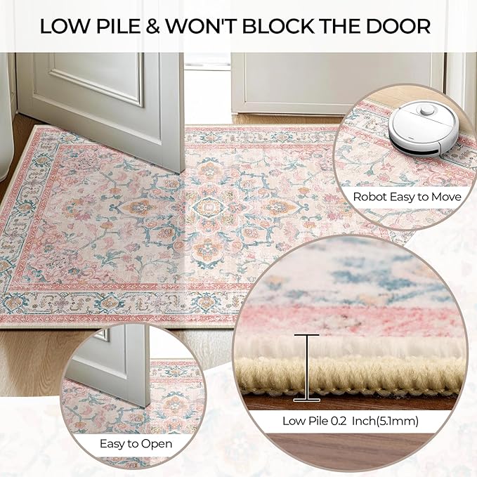 CAPALOCA Machine Washable Rugs Nursery Rug 8x10 Cute Girl Non Slip Low Pile Water Repellent Soft Print Pattern for Bedroom Indoor Decor Kids Playroom Pink Teal