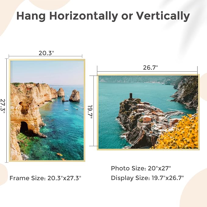 FLYJOE 20x27 Metal Picture Frame - Gold Aluminum Picture Frames with Real Glass, Wall Mounting Horizontally or Vertically, Diploma, Certificates and Decor for Wall Gallery 27x20 Frame, Gold