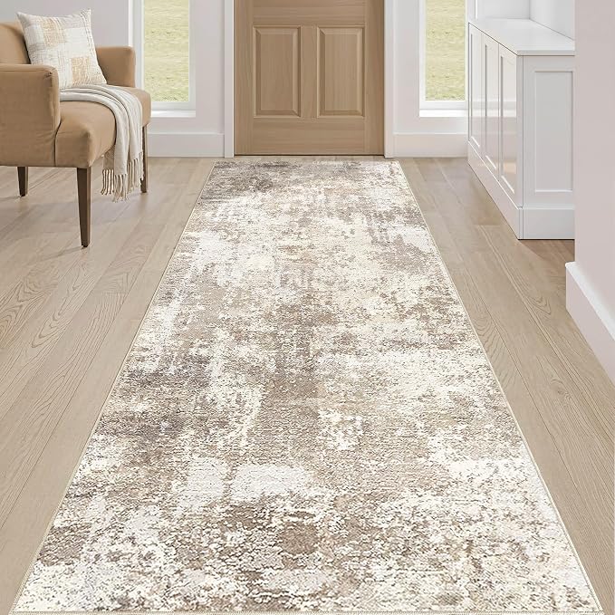 Runner Rug Kitchen Washable Rugs: 2x6 Non-Slip Abstract Soft Modern Stain Resistant Indoor Floor Neutral Accent Throw Carpet for Hallway Bathroom Laundry Room Entryway Bedroom- Beige Brown