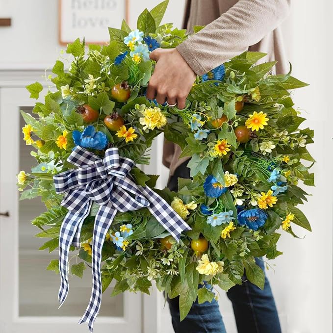 WANNA-CUL 24 Inch Blue Yellow Summer Wreath for Front Door All Season Decor | Blue Yellow Floral Wreath with Pomegranates and Daisies, 24-inch, Indoor Outdoor Farmhouse Decor for Spring Summer Fall