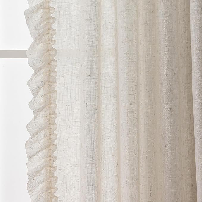 TERLYTEX Linen Ruffle Curtains 96 Inches Long 2 Panels, 42 x 96 Inch, Farmhouse Ruffled Curtains for Living Room Rod Pocket Light Filtering Privacy Semi Sheer Cottagecore Flowy Window Curtain Drapes