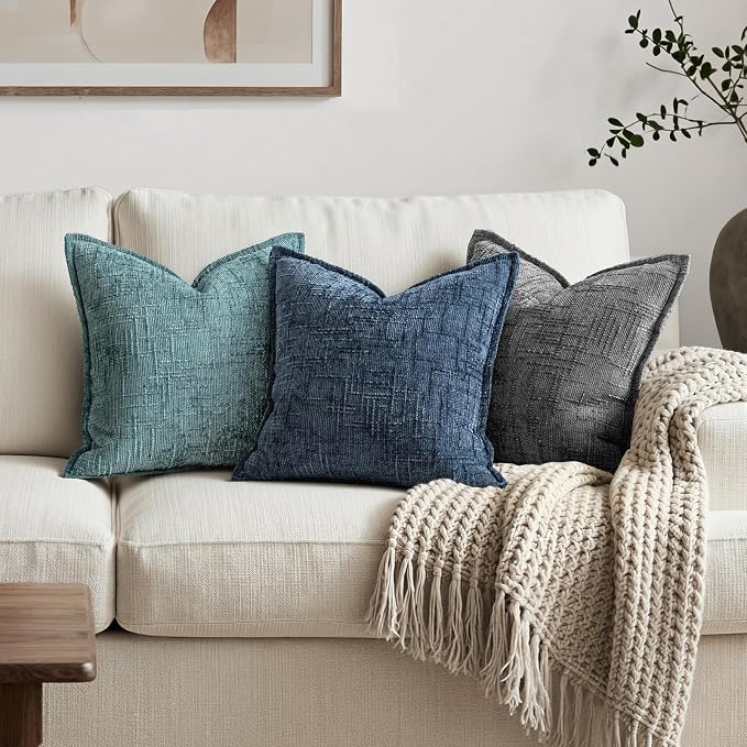 MIULEE Slubby Textured Decorative Throw Pillow Covers 20x20 Inch Set of 2 Boho Farmhouse Soft Cozy Chenille Pillows Cushion Cases Modern Coastal Home Decor for Couch Sofa Bed Living Room, Navy Blue