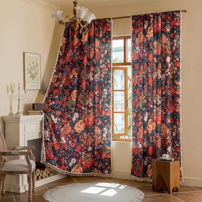 OYX Boho Floral Curtains 84 Inch, Linen Farmhouse Flower Drapes with Lace & Tassels, Light Filtering Semi Sheer Curtains for Living Room Bedroom, 2 Panels