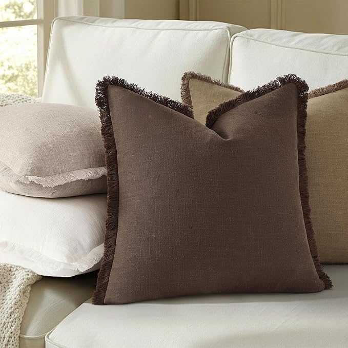decorUhome Summer Decorative Neutral Linen Fringe Euro Sham Throw Pillow Covers Set of 2 Navy Blue Pillow Covers with Tassels Soft Farmhouse Boho Accent Pillow Cases for Couch Bed Sofa 24x24 Inch