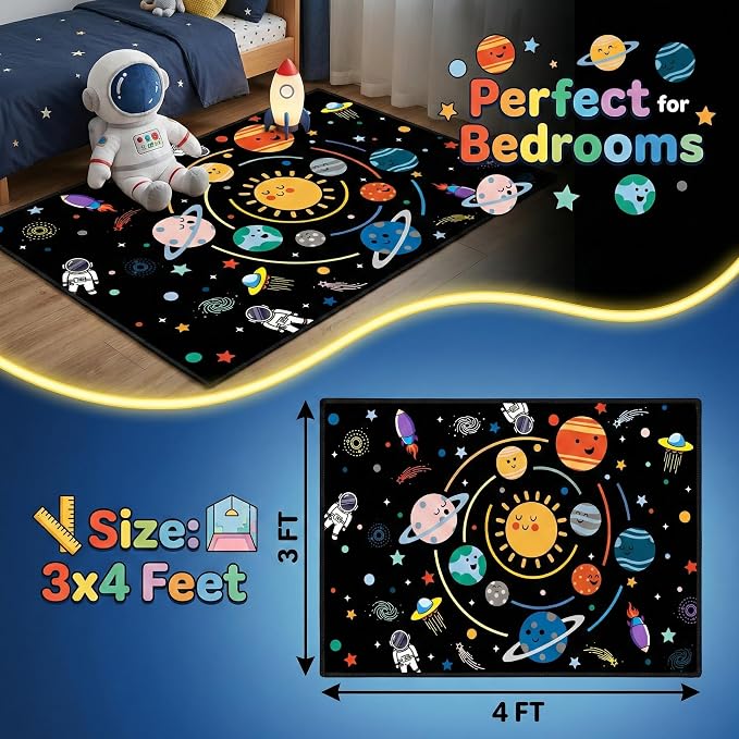 Outer Space Rug for Boys Room,3'×4' Space Rug for Kids Bedroom with Solar System Theme,Educational Carpet for Playroom and Living Room Decor