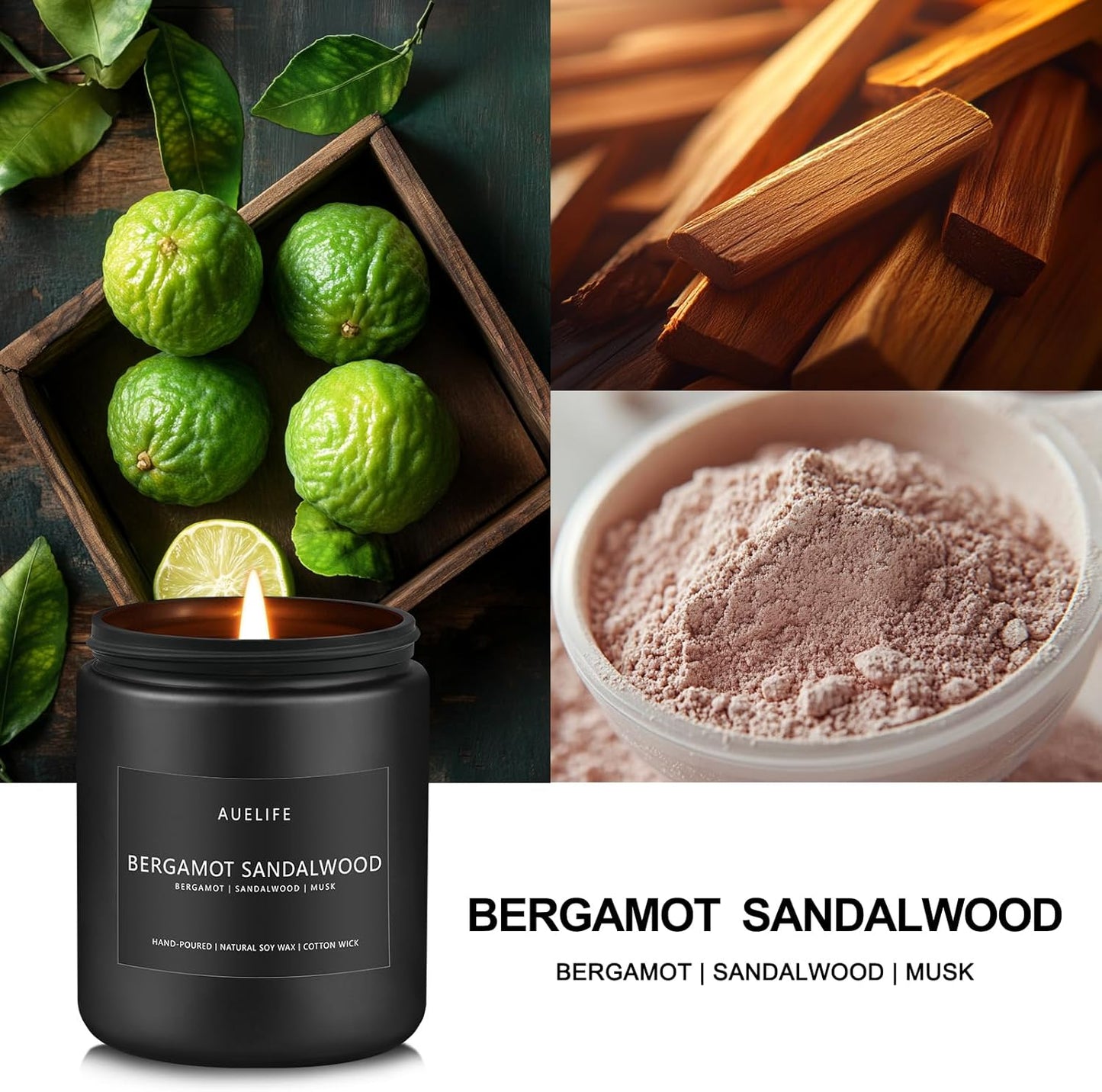 Bergamot Sandalwood Candle for Men | Masculine Scented Soy Candles - Home Fragrance, Aromatherapy Gifts for Men - 7oz Black Jar, Long-Lasting Luxury Decor