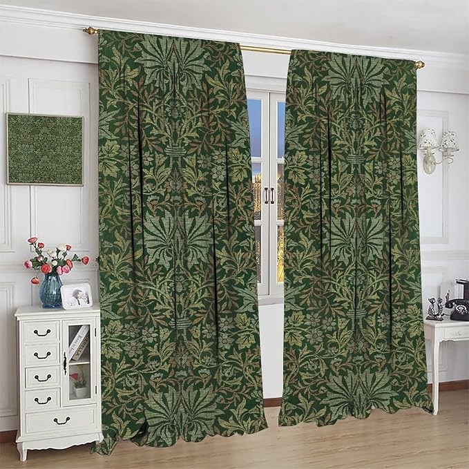 Bohemia Art Blackout Window Curtains, William Morris Original Design Green Garden Vintage Curtains, for Living Room Bedroom 42(W)*84(L) 2 Panels