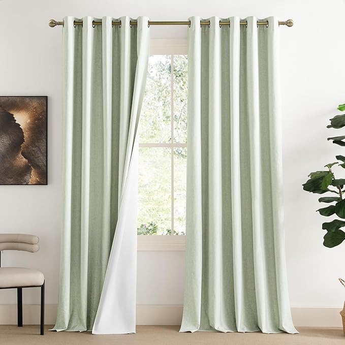 NICETOWN Sage Green Blackout Linen Curtains 95" Long, 2 Pieces, 62" Wide Each Panel, Bronze Grommet Full Light Blocking Drapes with White Thermal Insulated Liner for Nursery, Hall, Villa