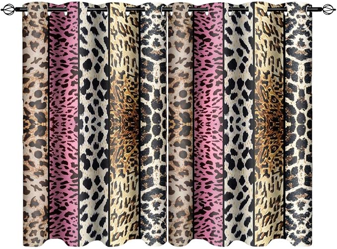 Wild Animal Print Curtain, Room Darkening Thermal Insulated Blackout Leopard Boa Window Drapes with Grommets for Living, Dining, Bedroom, Pink Leopard Print, 52"x 36", 2 Panels
